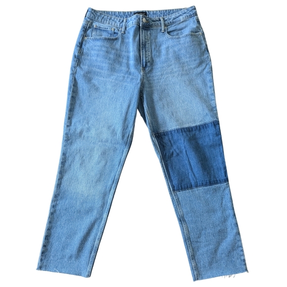 Free Assembly Patchwork Super High Rise Straight Blue Jeans sz 16 Organic Cotton - Picture 1 of 8